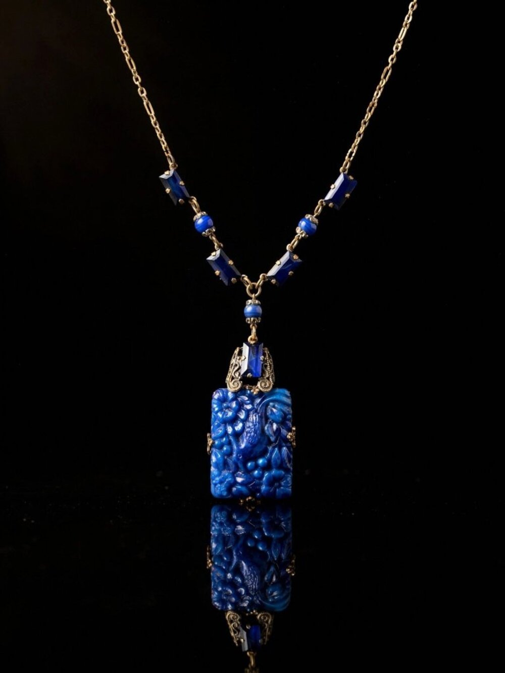 Art Deco Carved Blue Glass Peacock Pendant Necklace - Czech
